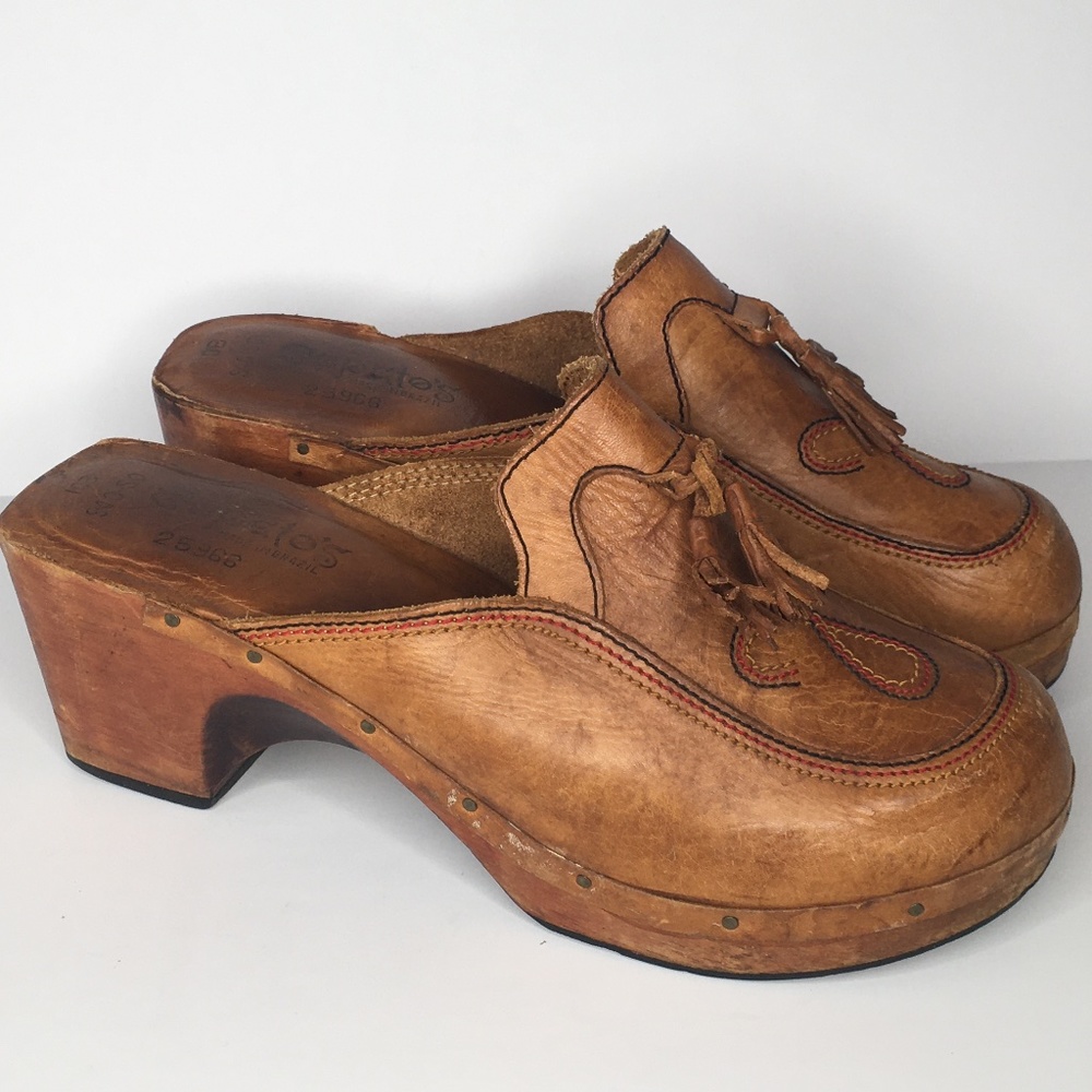Vintage Capetos Leather Wooden Clogs Sz 10